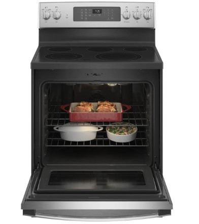Stainless steel GE air fry range with open door