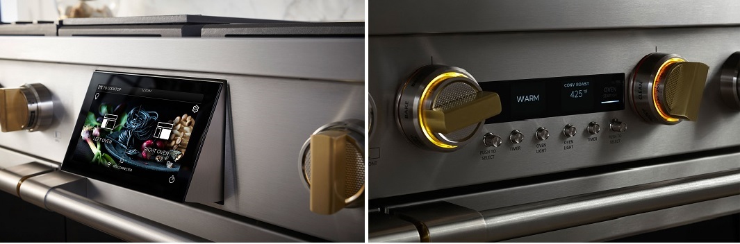 Side by side look at Monogram range brass knobs and articulated control panel 