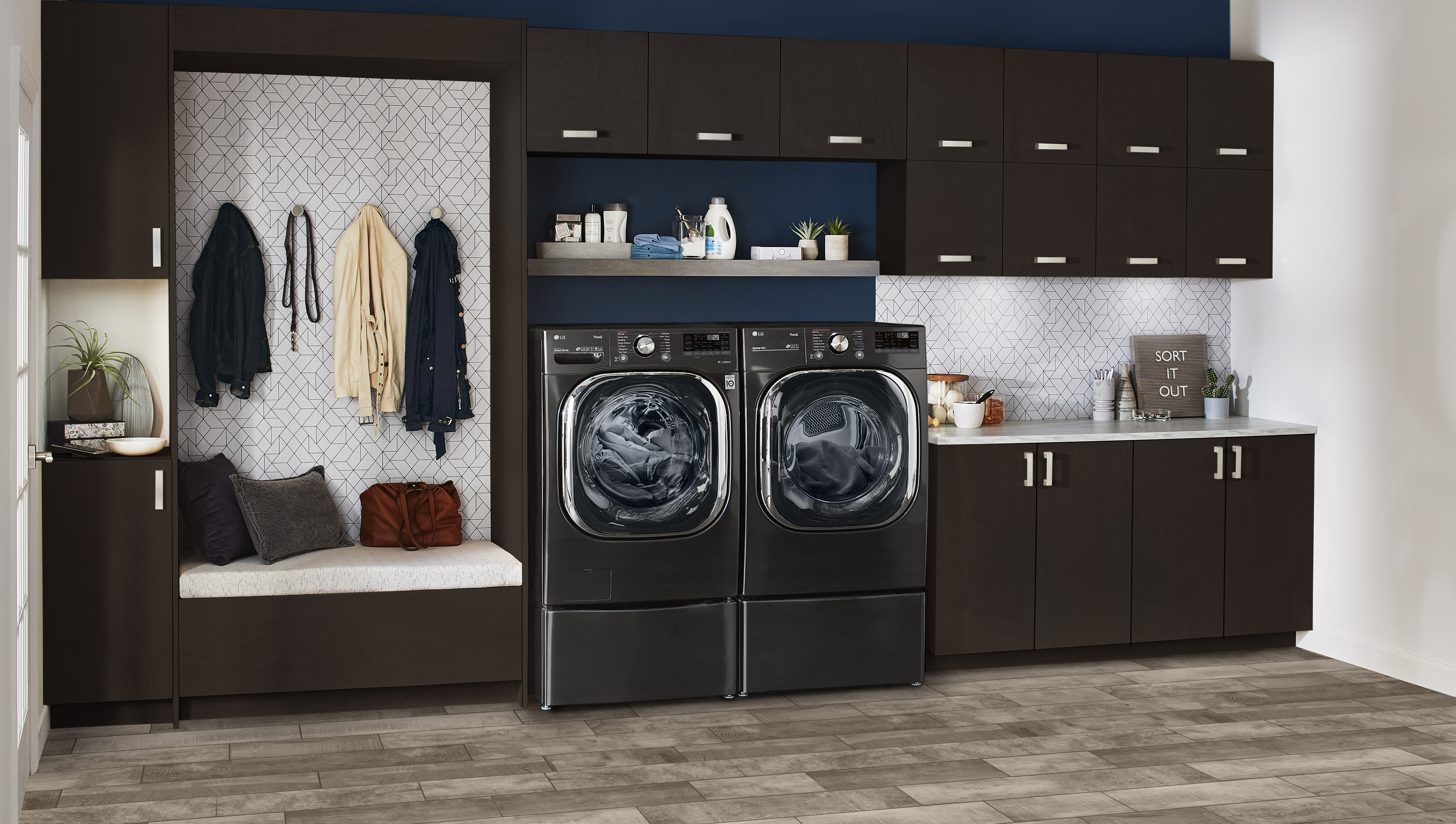 LG WM4500HBA front load washer shown with matching dryer in laundry room