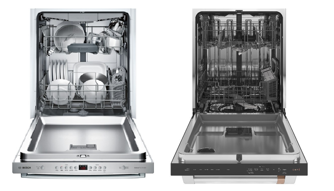 Side by side comparison of a Bosch 100 Series dishwasher and a Café dishwasher  