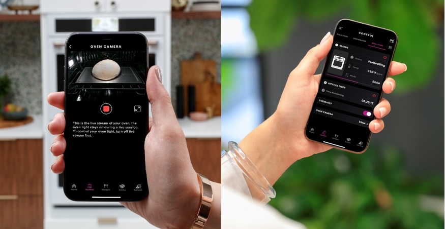 Cafe smartphone wall oven camera app management shown on smartphones