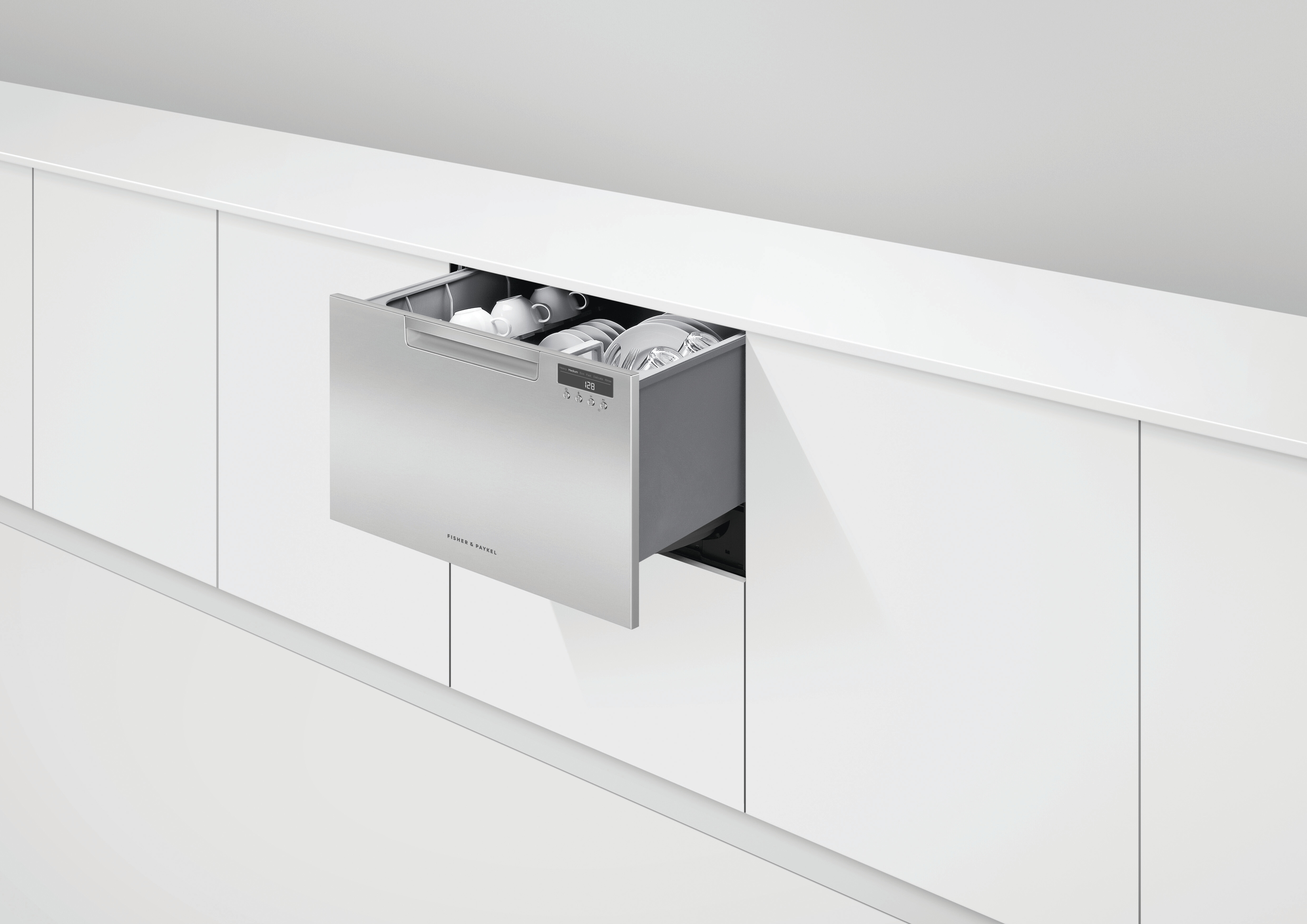 Fisher and Paykel DD24SAX9 N drawer dishwasher shown slightly ajar
