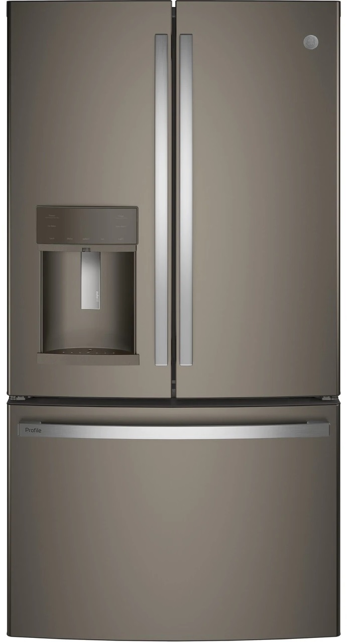 Front view of GE Profile PFE28KMKES Slate French door refrigerator