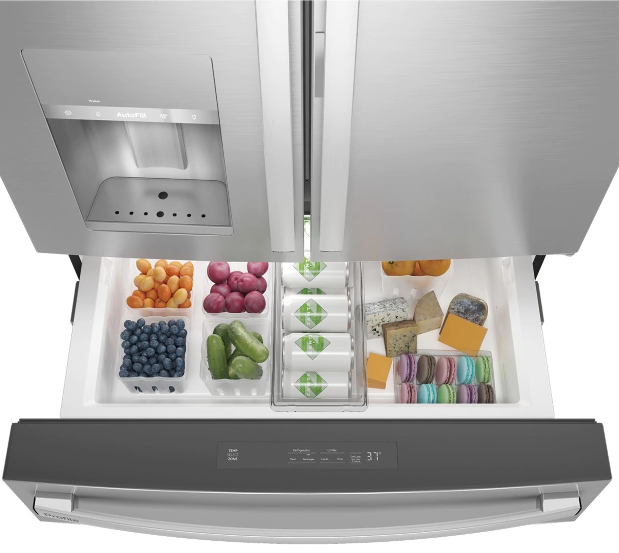overhead shot of middle drawer with removable caddy on ge profile PVD28BYNFS refrigerator