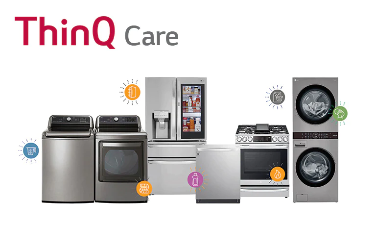 Graphic showing LG smart appliances with ThinQ Care notifications 