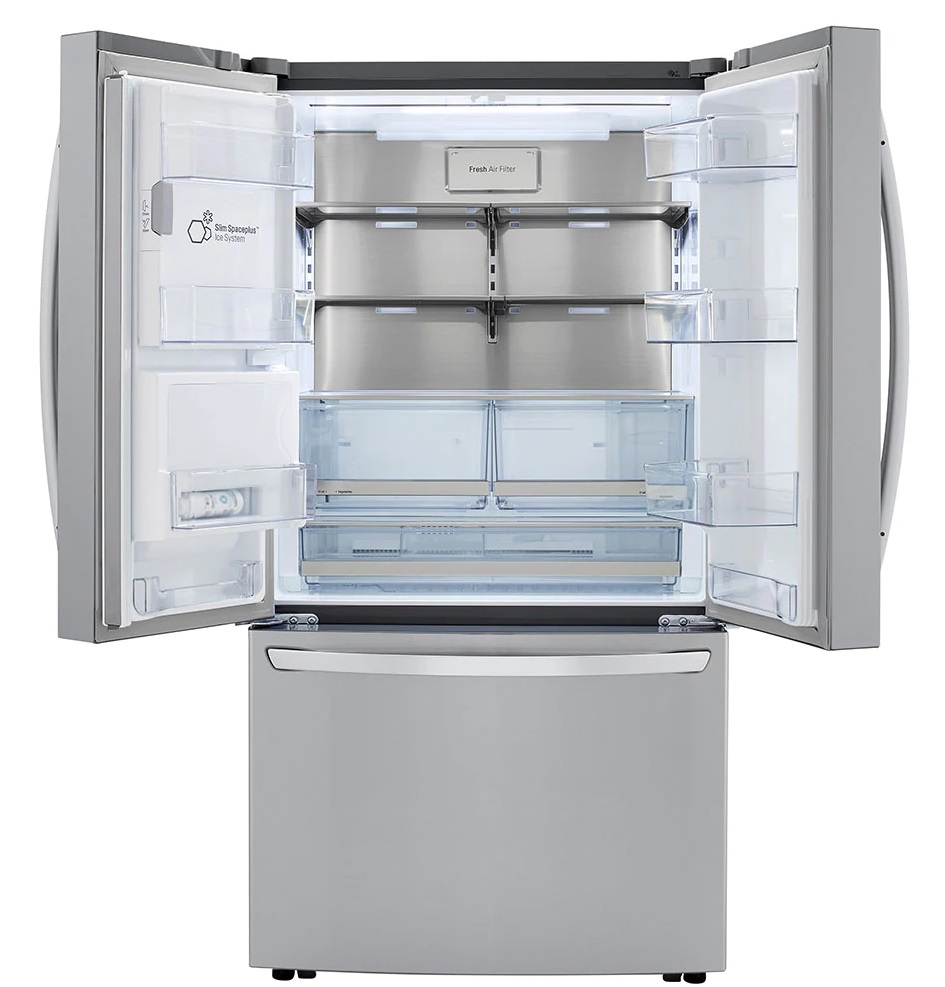 LG LRFXC2416S French door refrigerator shown with its doors open 
