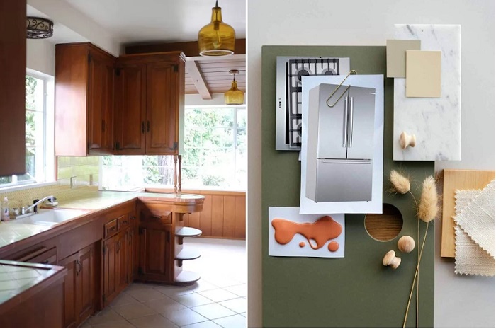 Before image of Teri Fisher ranch-style kitchen aside a final mood board with Bosch appliances
