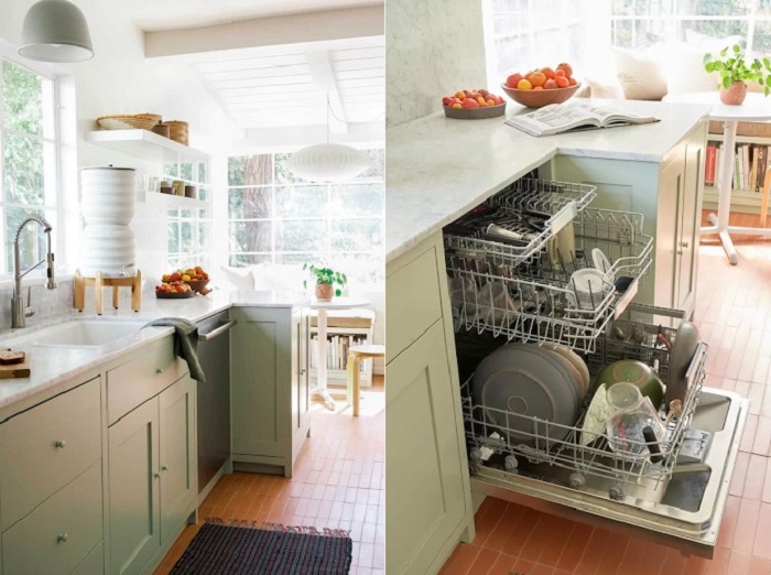 Side-by-side view of a Benchmark Series dishwasher shown opened and closed