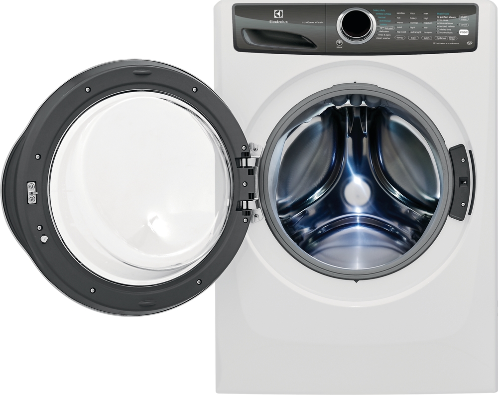 electrolux EFLS527UIW washer with door open and luxurylight feature on