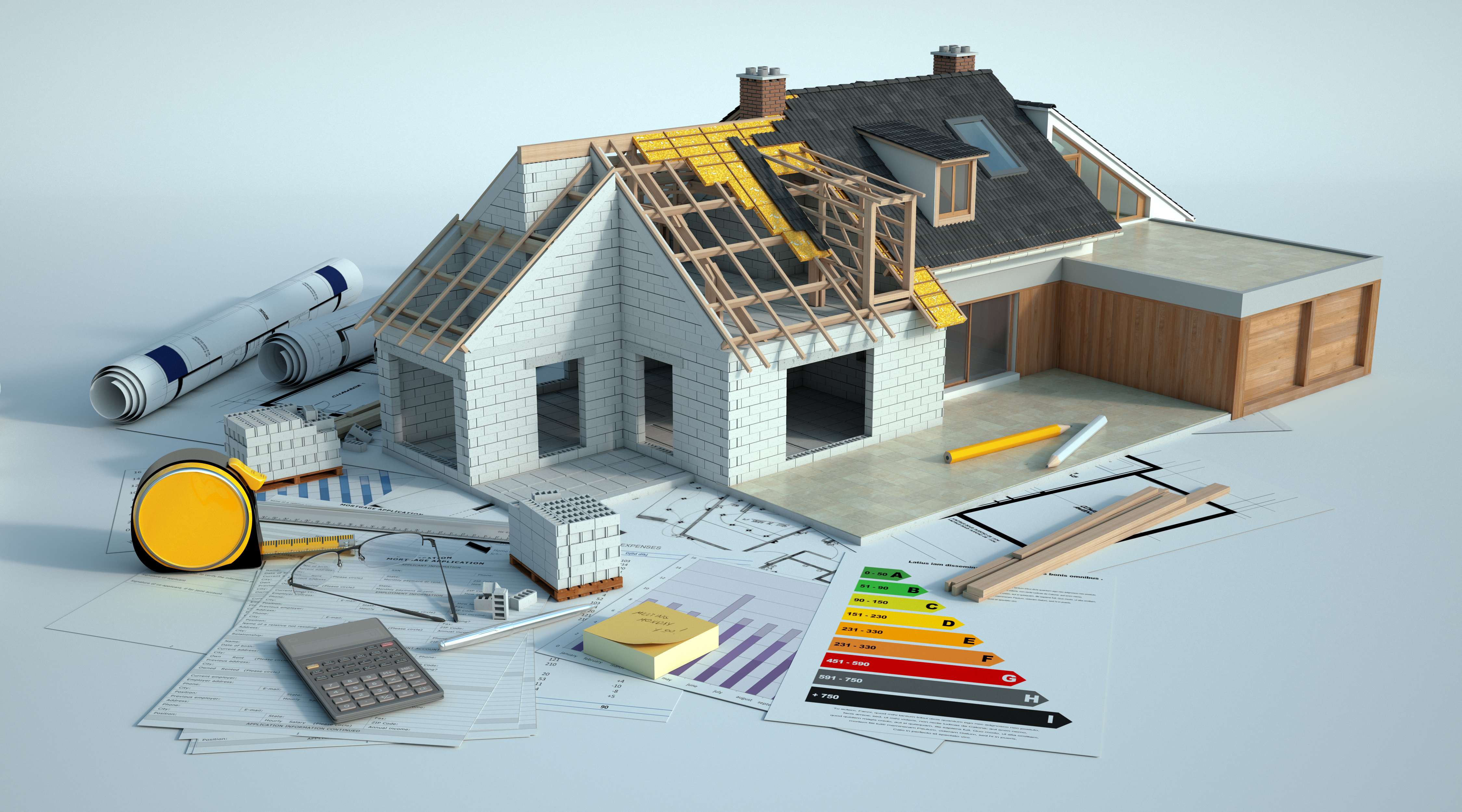 Graphic of home construction, blueprints, and construction tools
