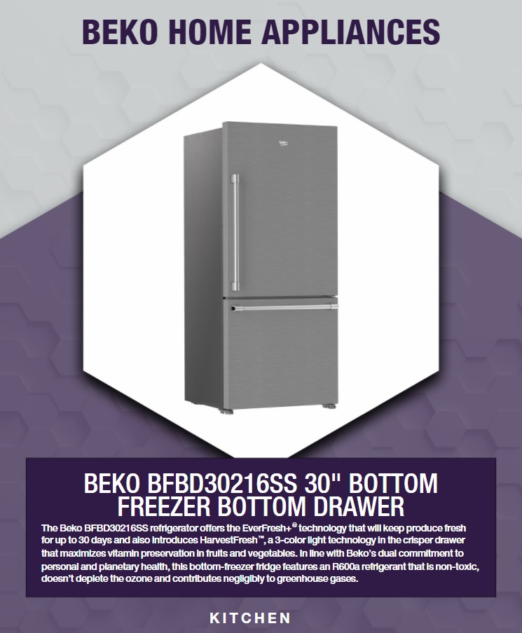 KBIS 2022 graphic of Beko 30-inch bottom freezer refrigerator 