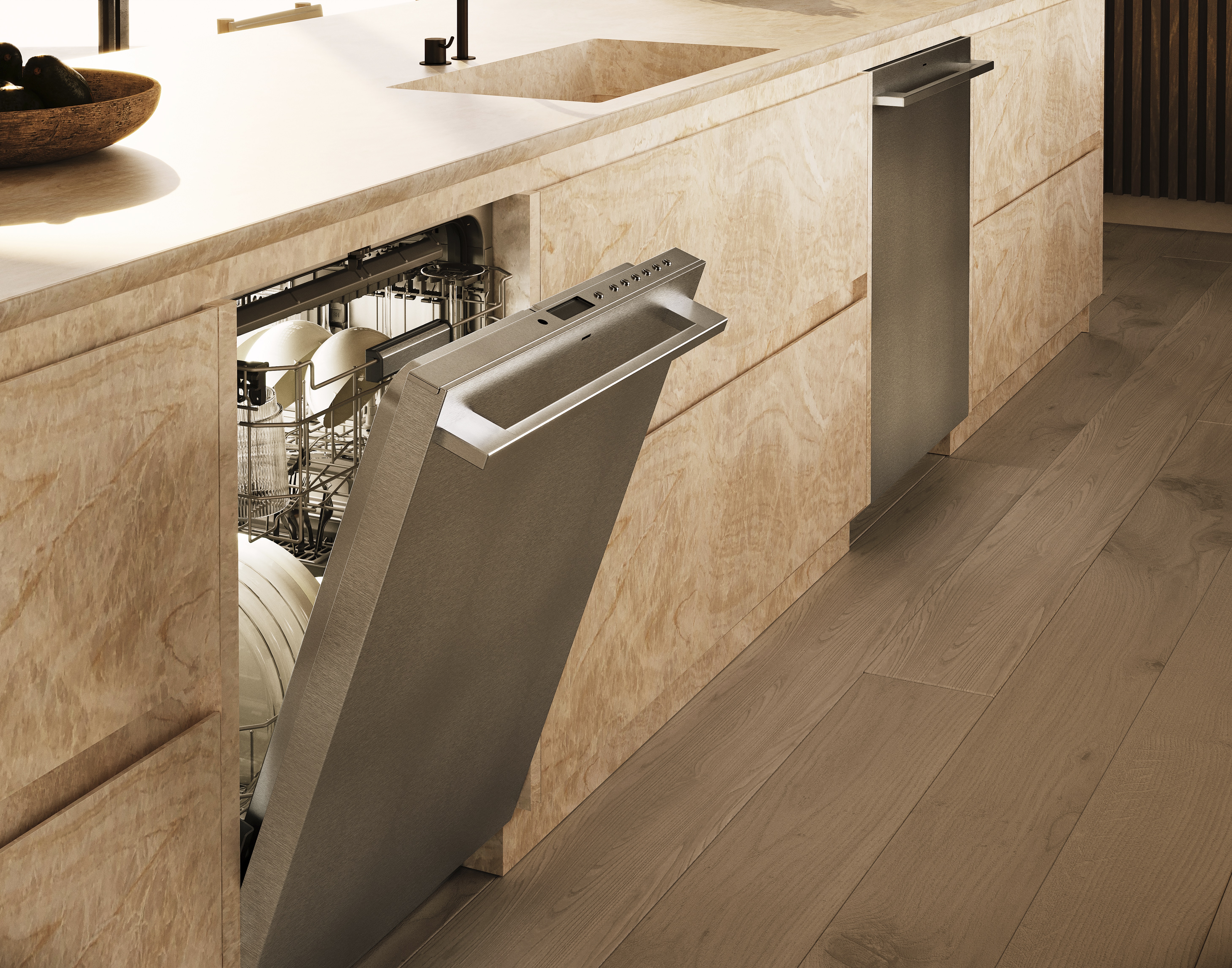 Wide shot of Monogram top control dishwasher ajar 