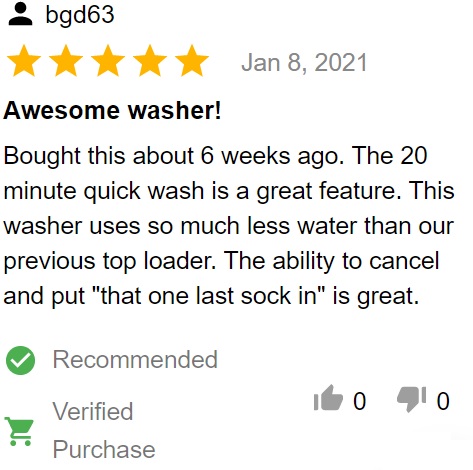 Customer review of Electrolux EFLW427UIW front load washer