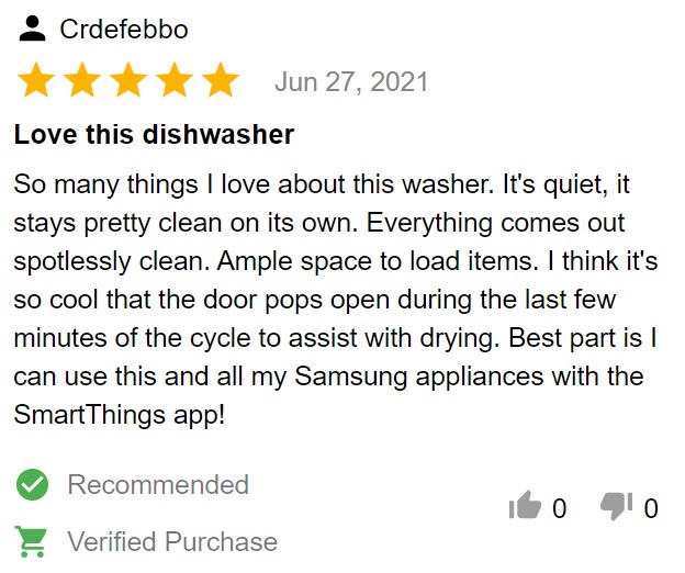 Buyer review of Samsung DW80R5060US dishwasher 