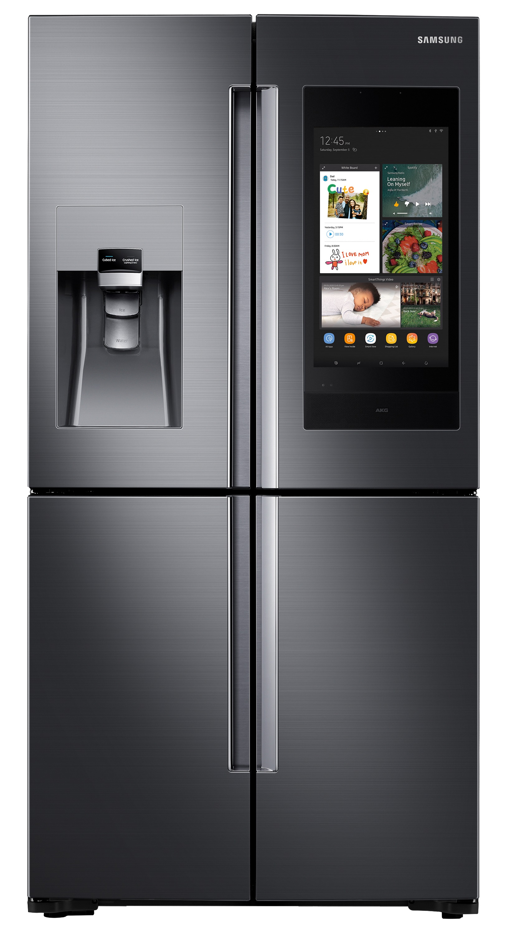 Front view of black Samsung RF28N9780SG French door refrigerator