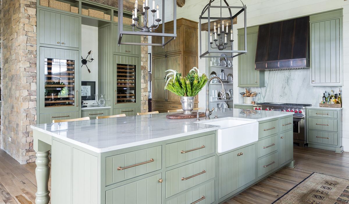 Wide shot of Bayfront Hideaway Sub-Zero Wolf kitchen by designer Erika Powell