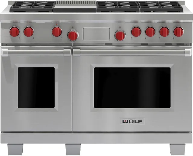 Front view of Wolf DF486G 48-inch dual-fuel range 