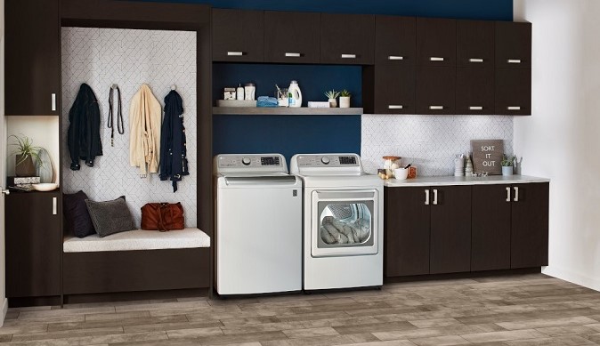Modern laundry area with washer and dryer.