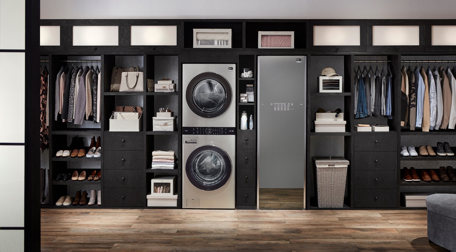 editorial shot of designer closet with LG Wash Tower and LG Studio Styler
