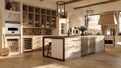 lifestyle image of designer kitchen with monogram appliances