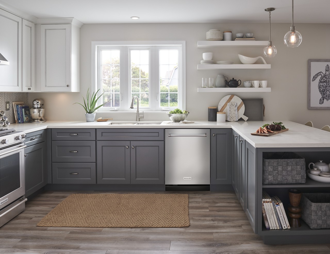 Wide shot of kitchen with KitchenAid KDTM604KPS dishwasher 