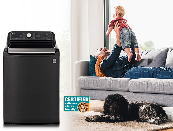 Product ad for lg allergiene cycle featuring father child and dog