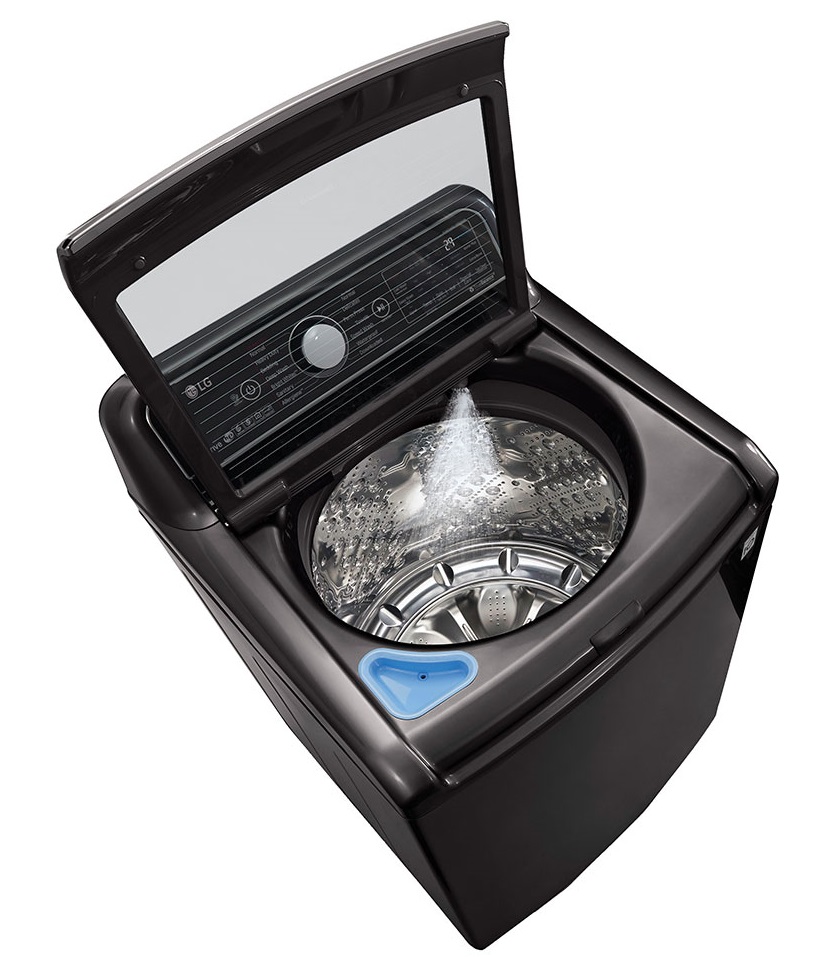 Aerial view inside lg WT7900HBA top load washer with turbrowash spray