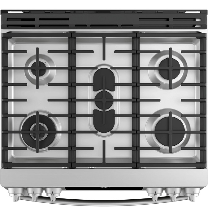 Overhead look at GE Profile five burner gas range 