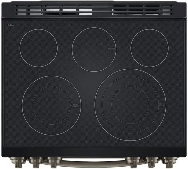 Overhead look at an LG five burner electric range 