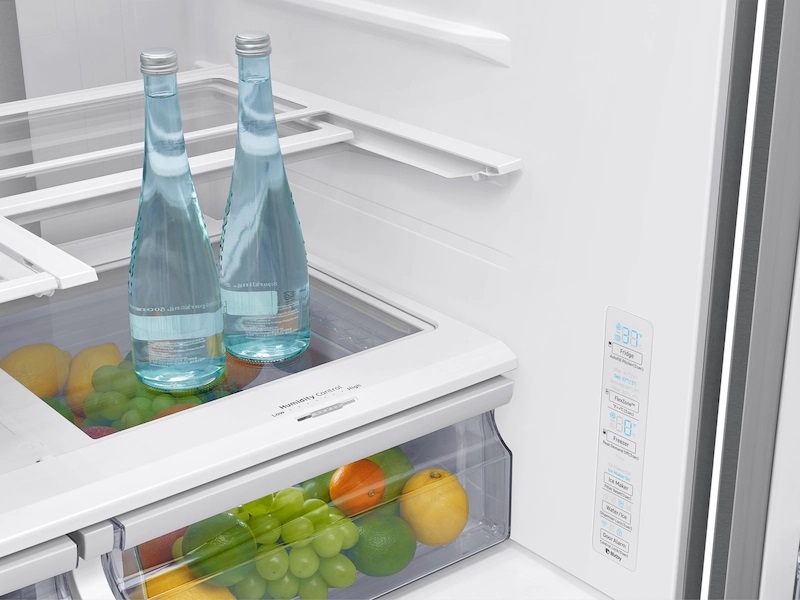 Bottled water inside a Samsung RF22R7351SR French door refrigerator