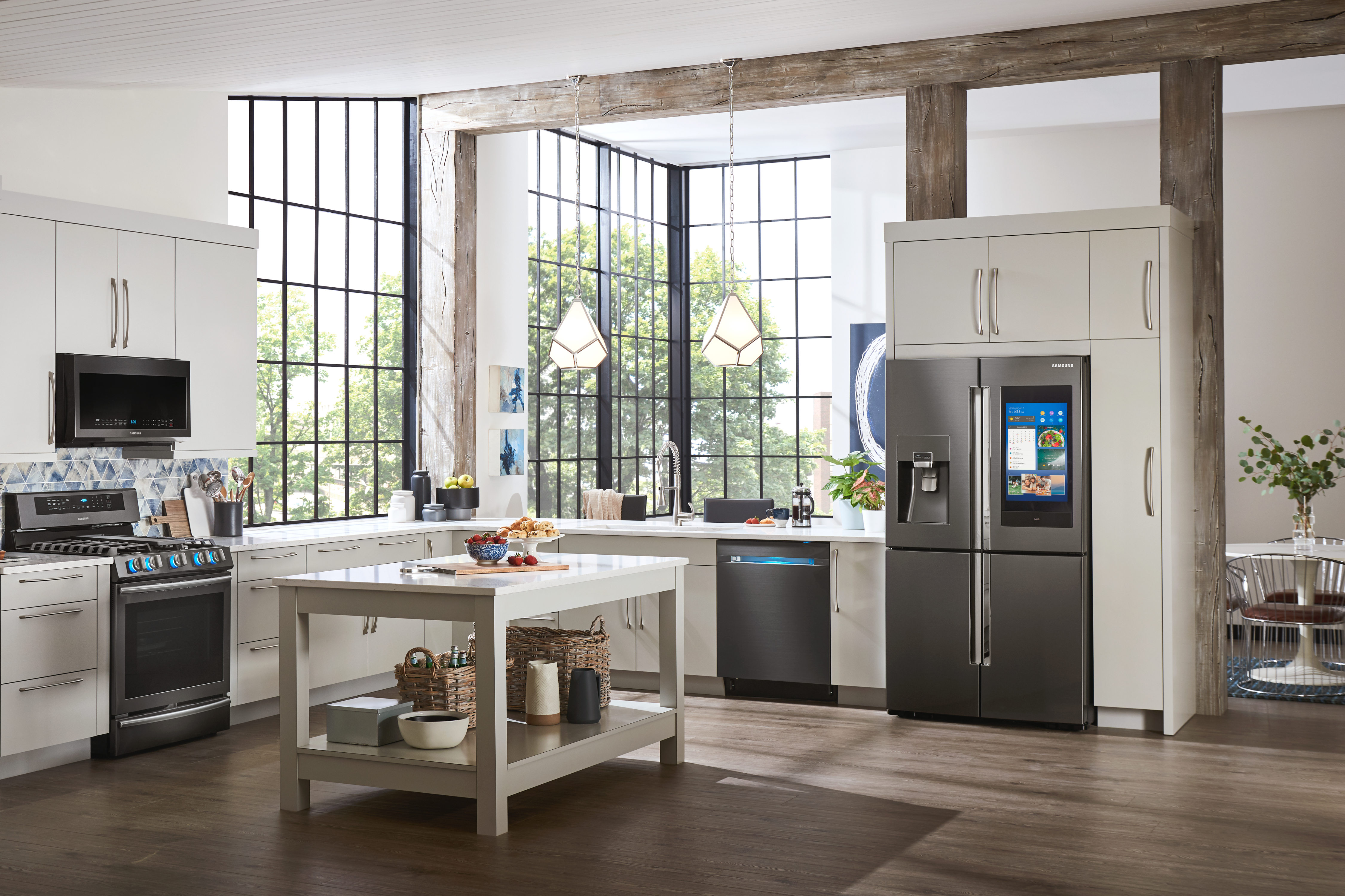 Samsung RF28N9780SG French door refrigerator staged in modern kitchen