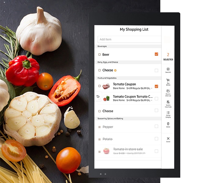 Overhead shot of Smart Hub tablet on Samsung touchscreen refrigerators