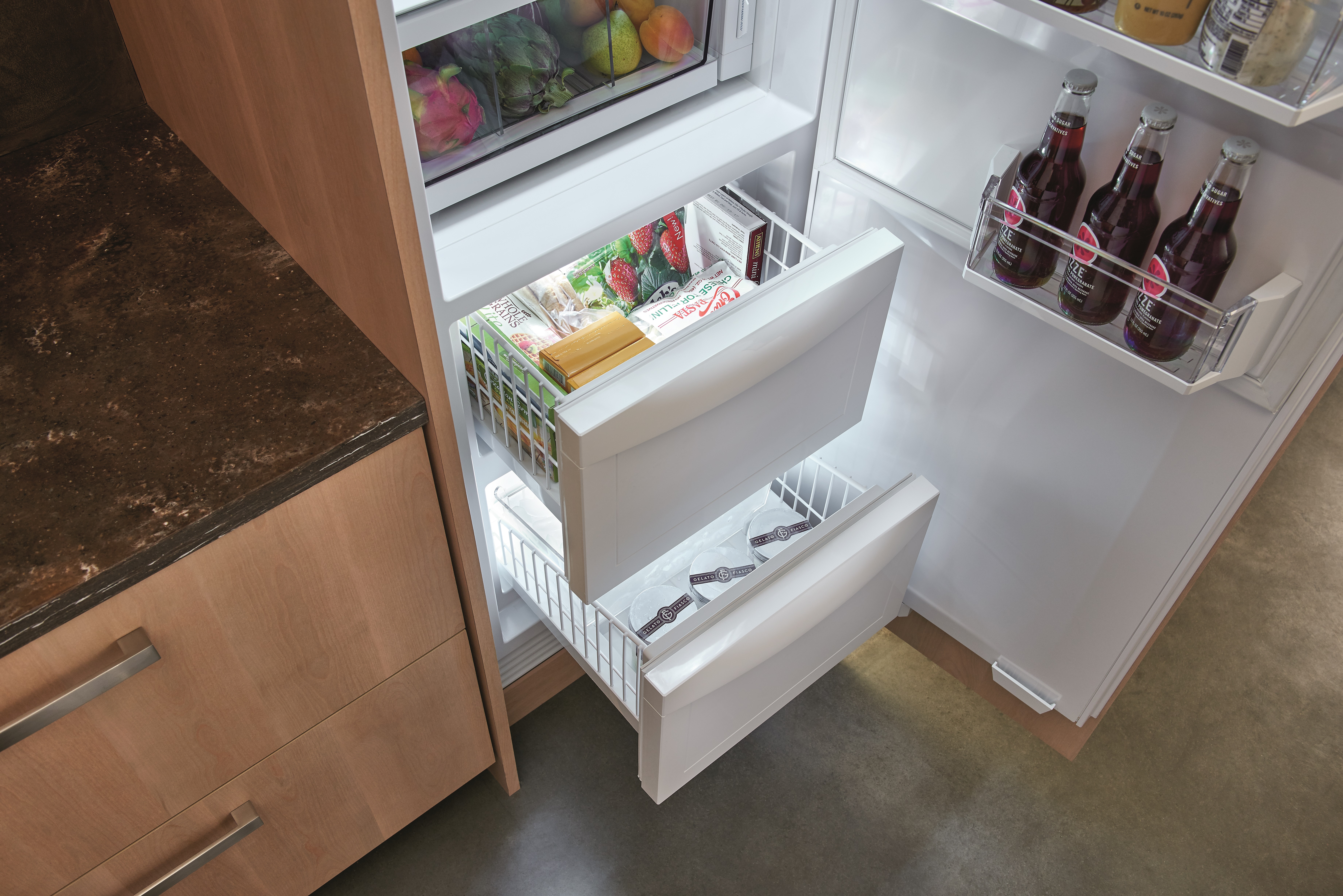 Overhead shot of Sub Zero column refrigerator with drawers open