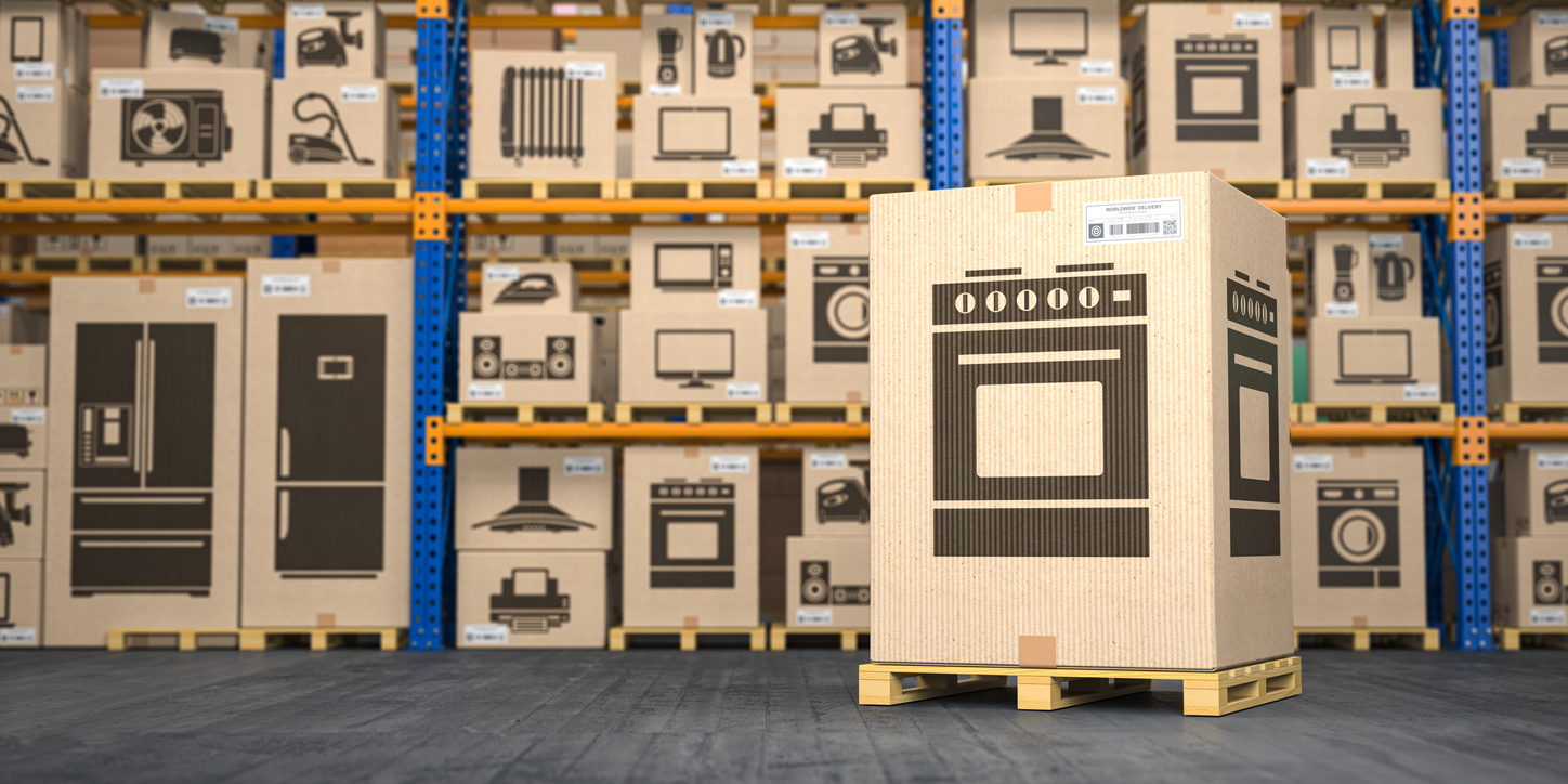 warehouse of packaged appliances stack atop another