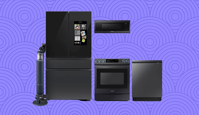 front view of black kitchen appliances on a purple background with a repeating circular design