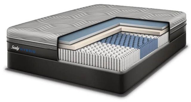 front view of a sealy hybrid mattress graphic with the corner cut out to show the various layers inside