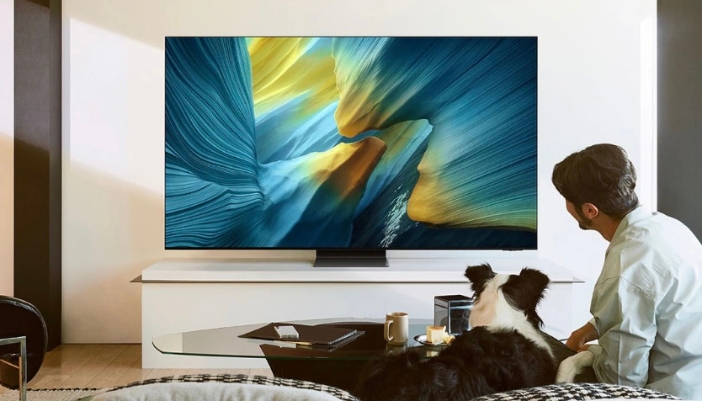 A man and his dog look at a flat screen TV on the wall.