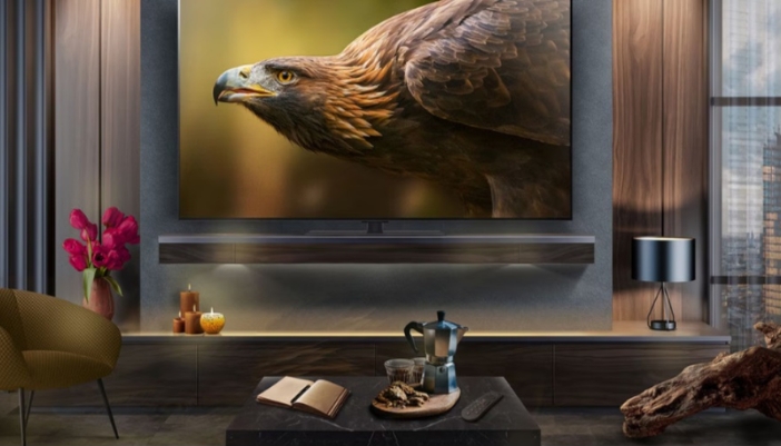 A flat screen TV with the image of a hawk and a soundbar.