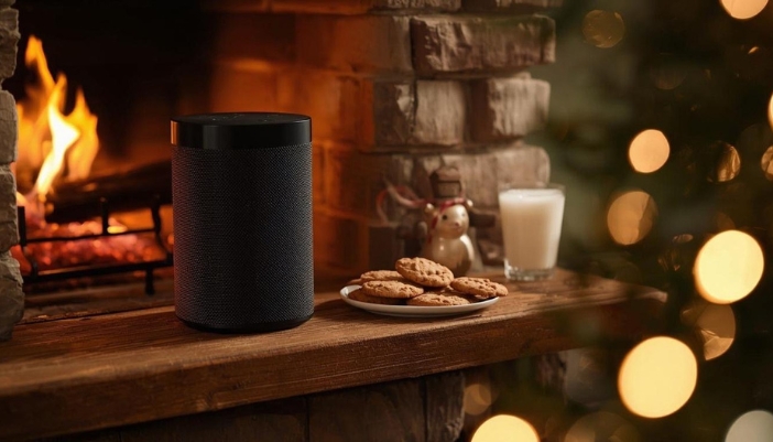 A Sonos speaker next to a plate of cookies in front of a fireplace.