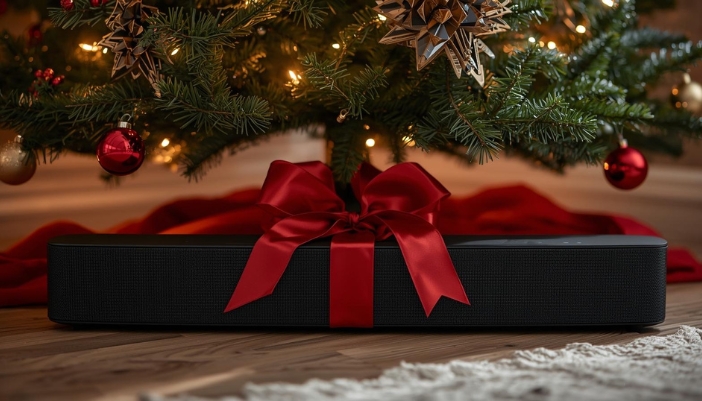 A Sonos soundbar with a big red bow under a Christmas tree.