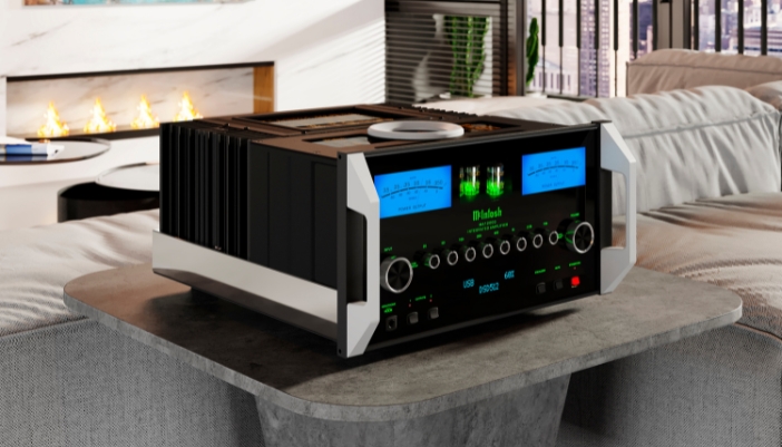 A McIntosh audio system in front of a roaring fire.