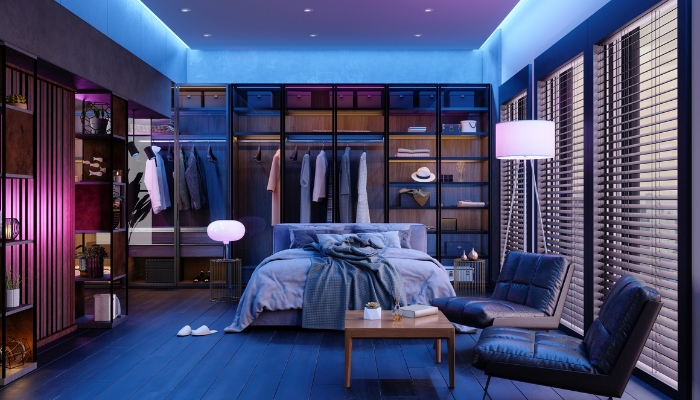 Bedroom with color changing lights and other automated lighting