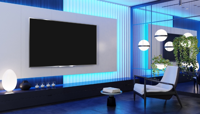 Living room with colored back panel and automated lighting control