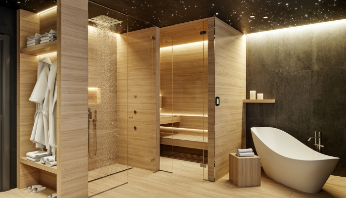Luxury bathroom with unique lighting