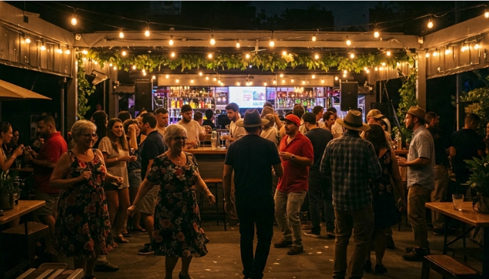 An outdoor bar space with entertainment and a lot of people.