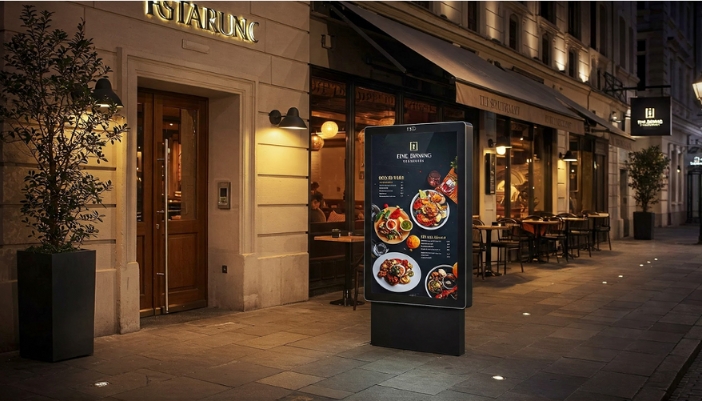 A close-up of an outdoor digital sign outside a restaurant.