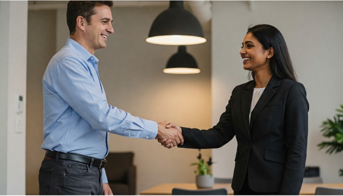 Two professionals shake hands in an office setting.