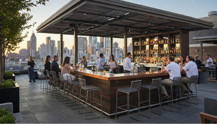 An outdoor bar with a pergola roof and fully filled seats at sunset.
