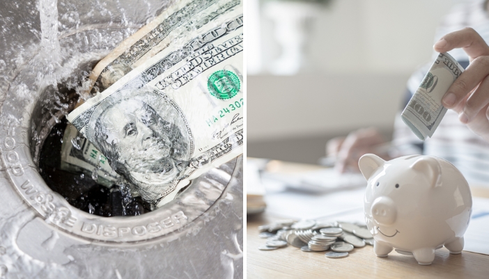 Side by side comparison of photos showing people wasting or saving money