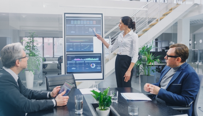 Woman presenting on a smart white board that is linked to all the other smart office integrations